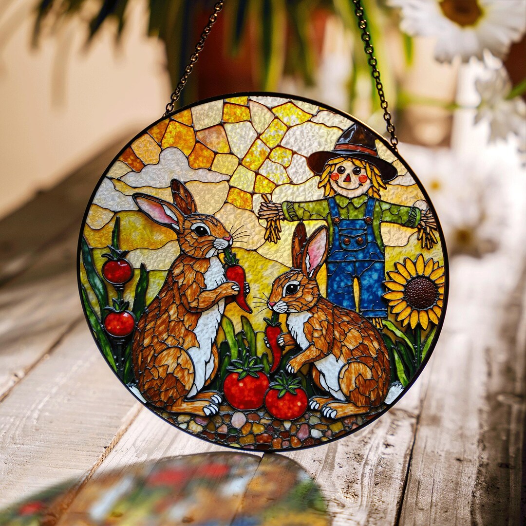 Stained Glass Spring Rabbit Suncatcher Stained Glass Rabbits Scarecrow Sunflower Garden Decor Gift ...
