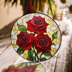 Three Red Roses Stained Glass Round Suncatcher Window Hanging Gift for Wife or Mother