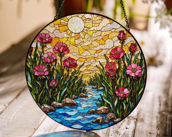 Pink wildflowers river scene stained glass suncatcher window decor gift for nature lover mom