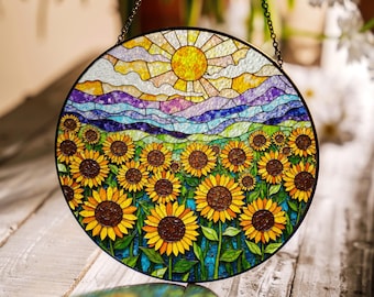 sunflower field mountain suncatcher stained glass window decor gift for nature lovers