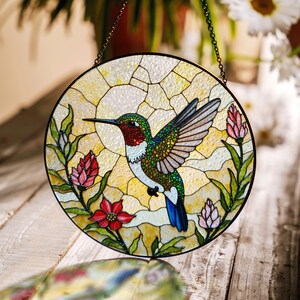 Colorful hummingbird stained glass suncatcher window hanging gift for mom spring decor