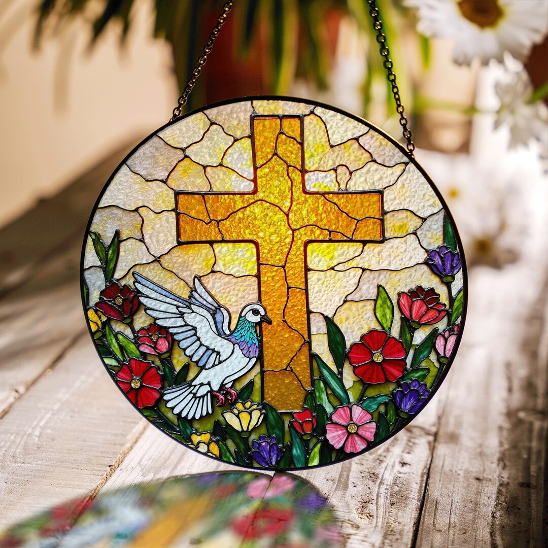 Stained Glass Cross With Dove and Flowers Christian Suncatcher Gift for ...