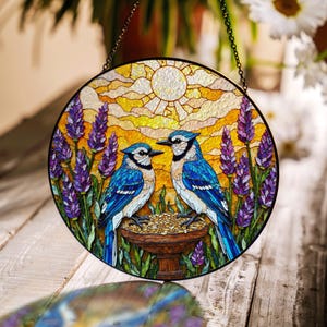 Cadeau d&#39;art de vitrail attrape-soleil de jardin lavande geai bleu pour les amateurs d&#39;oiseaux