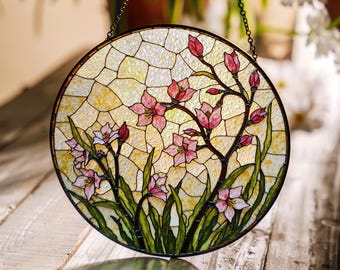 Atrapasueños de vitral con flores silvestres rosas, panel floral redondo, regalo para mamá, regalo de cumpleaños de primavera