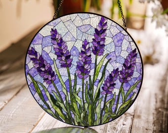 Atrapasol redondo con vitral de flores de lavanda, regalo hecho a mano para mamá o amante de la jardinería.