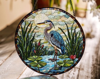 Blue Heron Wetland Scene Stained Glass Style Suncatcher Window Decor Gift for Nature Lovers