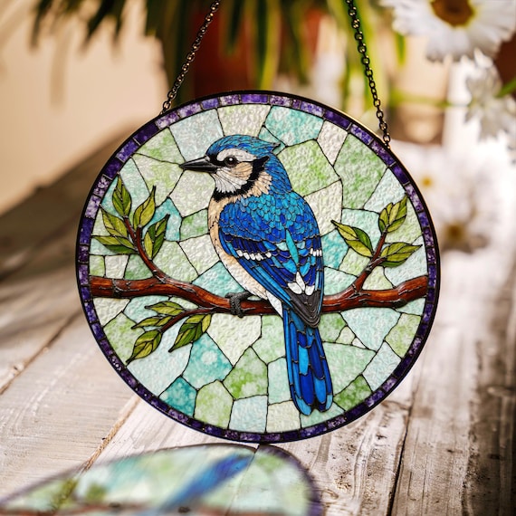 Blue jay on branch stained glass window hanging round bird suncatcher gift for birdwatcher dad