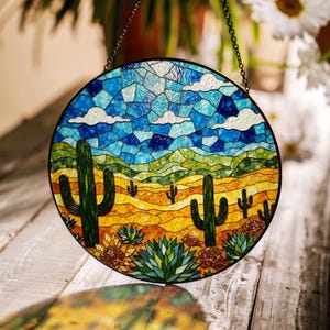 desert cactus landscape stained glass suncatcher window decor gift for nature lovers