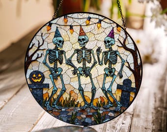 suncatcher stained glass skeleton dance party Halloween gift