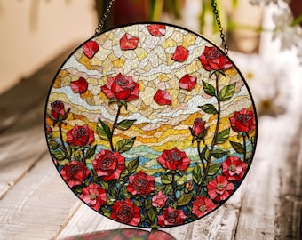 blooming red rose garden stained glass round suncatcher window decor for nature lover gift