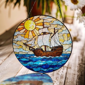 Suncatcher stained glass ship on ocean waves nautical decor gift for mom Fathers Day gift housewarming gift