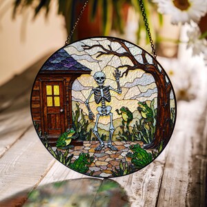 Suncatcher stained glass skeleton with frogs Halloween gift