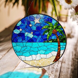 Tropical beach palm tree scene handmade stained glass suncatcher gift for ocean lovers
