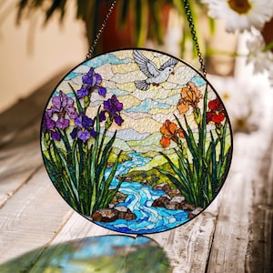 hummingbird river flowers stained glass suncatcher garden window decor gift for nature mom