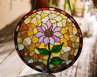 Atrapasueños redondo de vitral con flores rosas, regalo floral para colgar en la ventana, para el cumpleaños de mamá o decoración de primavera
