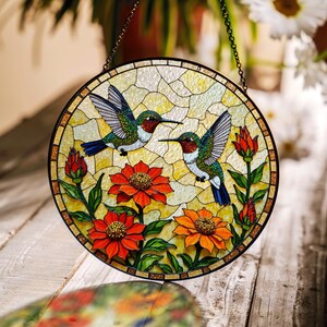 hummingbirds in stained glass with flowers gift