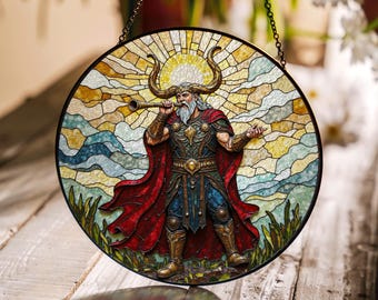 Atrapasueños de vitrales con forma de dios vikingo con cuerno, decoración de mitología nórdica, regalo para esposo o papá