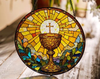 Holy Eucharist Chalice Sun Rays Suncatcher Stained Glass Window Decor Catholic First Communion Gift