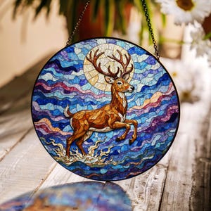 Majestic Deer Moon Art Suncatcher Window Hanging Stained Glass Gift