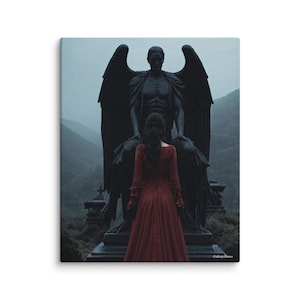 Dark Angel Statue Wall Art – She Stood Before the Stone Seraph – Gothic Woman in Red Victorian Gown Dress Canvas Dark Aesthetic Moody Print