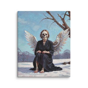Fallen Angel Wall Art – The Last Angel – Ethereal Gothic Skull Skeleton Woman with Wings Acrylic Painting Style Dark Aesthetic Canvas Print