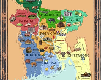 Map of Bangladesh w/ 64 districts and icons