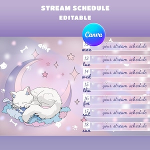 Peut inclure: Un modèle d'emploi du temps de diffusion numérique avec un fond dégradé violet et rose clair. Un chat blanc dort sur un croissant de lune avec des étoiles et des éléments décoratifs. Le texte "STREAM SCHEDULE EDITABLE" est en haut.