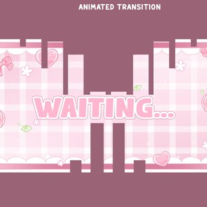 May include: A digital graphic featuring the text "ANIMATED TRANSITION" at the top and "WAITING..." in the center. The design has a light pink and white checkered pattern with scalloped borders, pink bows, hearts, flowers, and peach icons.