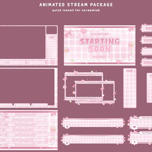 May include: An animated stream package in light pink and white plaid with heart and bow accents. Includes overlays, chat boxes, and labels with text such as STARTING SOON, TIKTOK, GIVEAWAY, SUBSCRIBE, CHAT, NEW FOLLOWER, and NEW DONATION on a dark background.