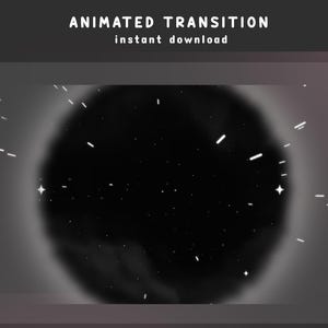 Puede incluir: Gráfico de transición animada con un centro negro y un efecto de explosión de estrellas blanco. El texto "ANIMATED TRANSITION" y "instant download" son blancos.