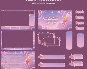 Sakura Charm Animated Stream Overlay for Twitch, Magical Girl Stream Bundle, Sakura Pink Purple, Moon Aesthetic, Cherry Blossom Theme, OBS