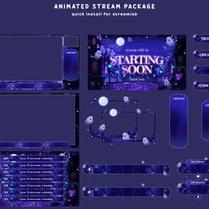 Op de afbeelding: Een geanimeerd stream-pakket met een donkerpaars thema, spookillustraties, een volle maan en gotische architectuur. Bevat overlays, een startscherm met tekst, schema-sjablonen en knoppen voor TikTok, giveaway en subscribe.