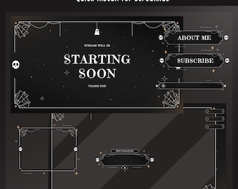 May include: Animated stream package for Streamlab, featuring a dark theme with spiderwebs, skulls, and stars. Includes "Starting Soon", "About Me", and "Subscribe" screens, plus a donation bar. Quick install.