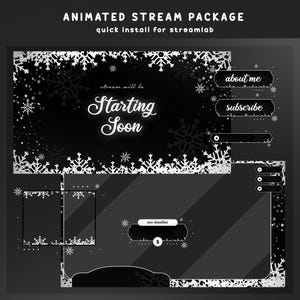 Könnte beinhalten: Animiertes Stream-Paket für Streamlab mit Winterthema in Schwarz und Weiß. Das Design umfasst Schneeflocken-Akzente und Text, der "Starting Soon", "About Me" und "Subscribe" lautet. Ein "New Donation"-Button ist ebenfalls vorhanden.