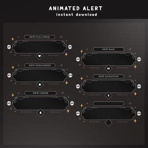 Superposición de alerta de transmisión animada de estrellas de medianoche, superposición de alerta en blanco y negro, superposición de tema oscuro, alerta de Twitch espeluznante, superposición de Twitch de Halloween