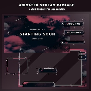 May include: An animated stream package with a dark, celestial theme. The design features a background of swirling clouds in shades of pink and purple, with white text that reads "STARTING SOON". Includes buttons for "ABOUT ME" and "SUBSCRIBE".