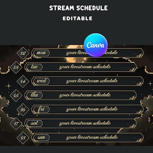 Peut inclure: Un modèle de planning de streaming numérique sur fond de ciel nocturne sombre avec des nuages et des étoiles. La mise en page comprend sept barres horizontales pour chaque jour de la semaine, de mon à sun, avec le texte your livestream schedule.