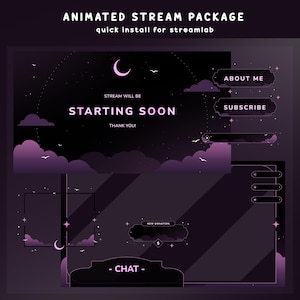 Op de afbeelding: Een geanimeerd stream-pakket met een donkerpaars en zwart kleurenschema. Het ontwerp bevat een halve maan, wolken en vogels. Tekst omvat "STARTING SOON", "ABOUT ME", "SUBSCRIBE" en "CHAT".