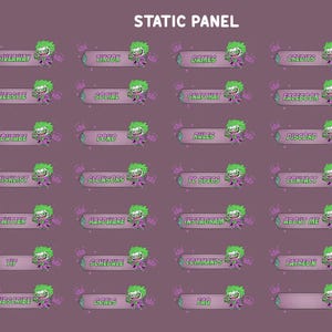 Puede incluir: Un conjunto de gráficos de paneles estáticos para plataformas de streaming. Cada panel presenta un personaje de dibujos animados con cabello verde y atuendo púrpura. Las etiquetas de texto incluyen "Giveaway", "TikTok" y "Games".