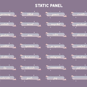 Puede incluir: Un conjunto de gráficos de panel estáticos con enlaces a redes sociales y sitios web, como "giveaway", "tiktok" y "youtube". Cada botón tiene un fondo azul claro con acentos de nubes y estrellas, sobre un fondo púrpura.