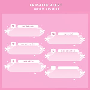 Peut inclure: Graphiques d'alerte animée roses avec du texte blanc et des nœuds décoratifs. Les graphiques incluent du texte pour les nouvelles alertes de follower, d'abonné, d'encouragement, de raid et de donation. Les mots "ANIMATED ALERT" et "instant download" sont en haut.