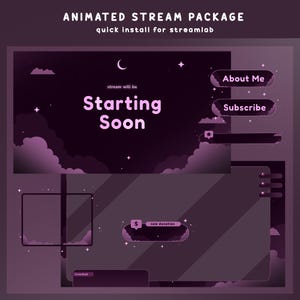 Silent Crescent Animated Stream Overlay Bundle, Moon Cloud Vtuber Overlay, Dreamy Stream Design, Night Sky Overlay, Purple Twitch Overlay