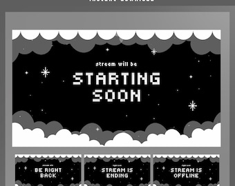 Pixel Night Animated Stream Screen Overlay, Black White Twitch Screen, Pixel Stream Overlay, Monochrome Overlay, Animated Stream Screen BRB