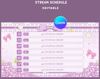 Sweet Blossom Stream Schedule Overlay, Editable Canva, Dreamy Floral Aesthetic, Bow Loops, Lace Ribbon, Pink Petals, Circular Decorations