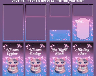 Pinkie Love Kitty Animated Tiktok Overlay, Pink And Purple Vertical Animated Stream, Bow Cat, Girly Overlay, Heart Theme Youtube Overlay