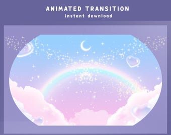 Cloudy Rainbow  Animated Stinger Transition Overlay, Pastel Rainbow Theme, Fluffy Cloud Transition, Bubble Heart Design, Moon Star Overlay
