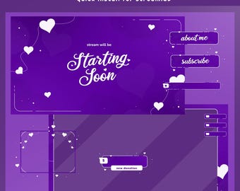 Violet love Animated Stream Overlay Bundle, Purple Twitch Overlay Set, Kawaii Heart Stream Package, Romantic Twitch Overlay, Cute Overlay