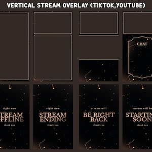 Puede incluir: Un conjunto de superposiciones digitales para streaming vertical en TikTok y YouTube. El diseño presenta un fondo oscuro con detalles dorados y elementos de texto. El texto incluye "STREAM OFFLINE", "STREAM ENDING", "BE RIGHT BACK" y "STARTING SOON".
