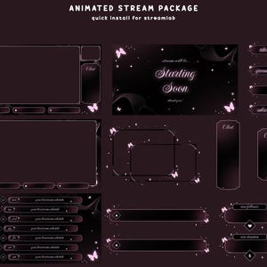 May include: An animated stream package with a dark purple theme featuring pink butterfly accents, stars, and sparkles. Includes overlays for chat, schedules, and alerts with text such as Starting Soon, Chat, TikTok, Giveaway, and Subscribe.