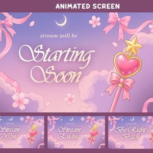 Puede incluir: Un conjunto de pantallas animadas digitales con un cielo violeta y rosa pastel con nubes, flores de cerezo, cintas y una luna creciente. Se muestra una varita mágica con un adorno de corazón y estrella junto al texto Starting Soon, Stream Offline, Stream Ending y Be Right Back.